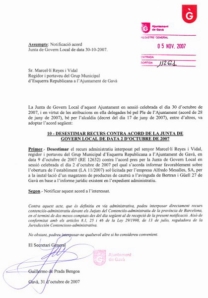 Desestimació per part de l'equip de Govern local (PSC) de l'Ajuntament de Gavà de la petició d'ERC de Gavà perquè no es poguessin emmagatzemar pneumàtics a la intempèrie i així impedir la reproducció del mosquit tigre a Gavà (5 de novembre de 2007)